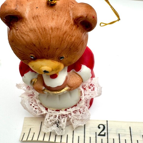 Jasco Vintage Christmas Bear Ornament Porcelain Bell 2.5" Taiwan Lace Apron Bow - Picture 6 of 6